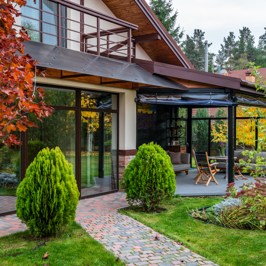Backyard of a modern home in the fall time