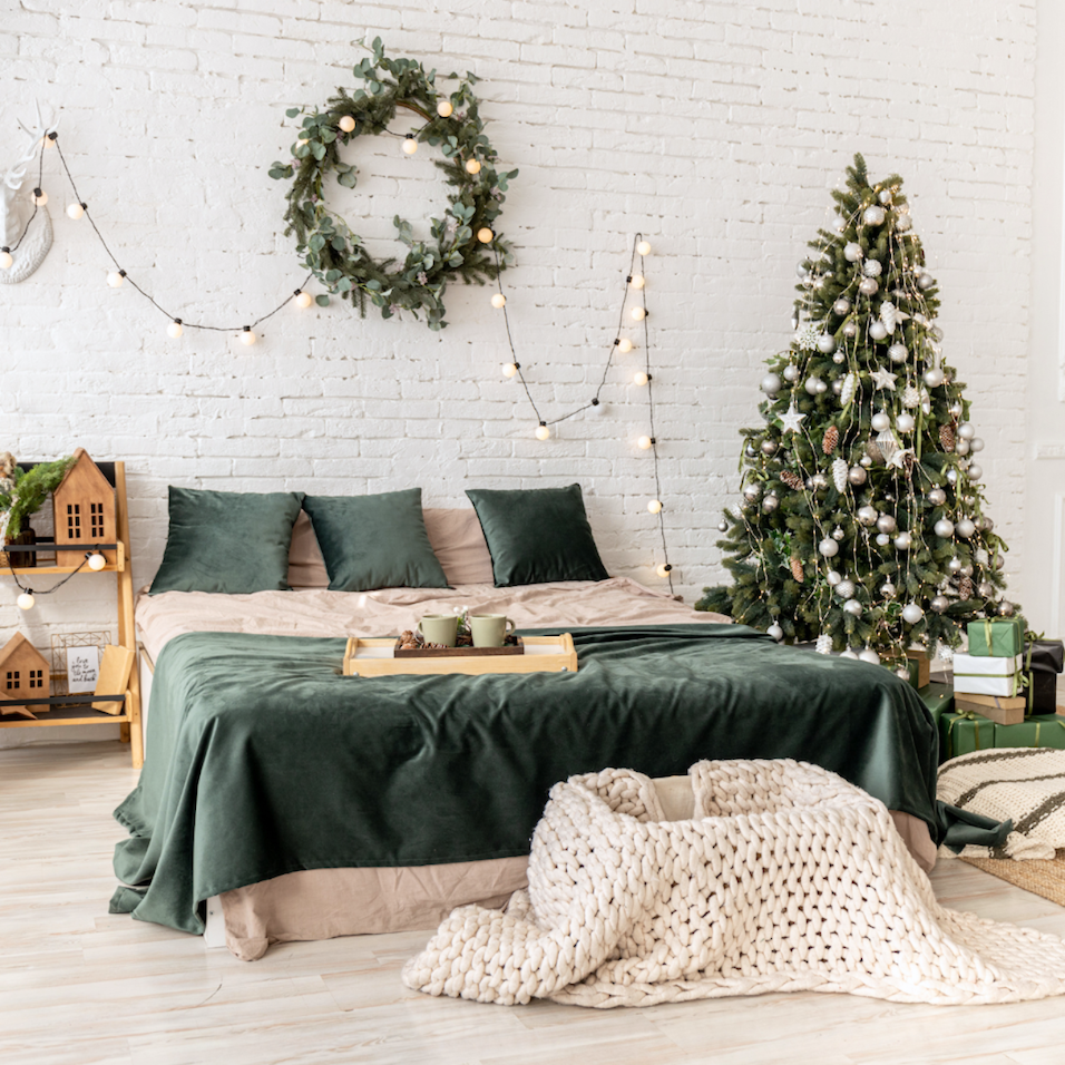 Bedroom decorated for Christmas
